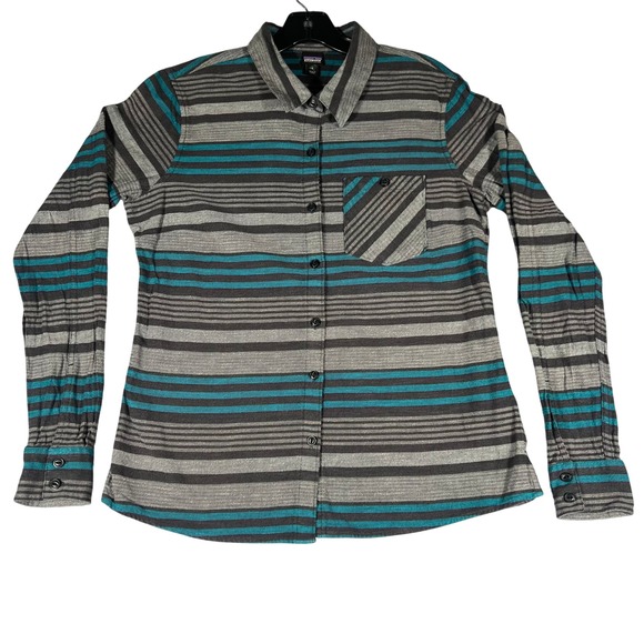 Patagonia Tops - Patagonia Womens Organic Cotton‎ Striped Button Down Shirt Grey Teal Size 6